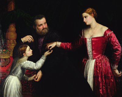 Uma senhora e um cavalheiro com a filha (óleo sobre tela) de Paris Bordone
