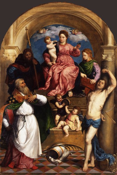 Madonna entronizada com a Criança e os Santos, ca 1530 de Paris Bordone