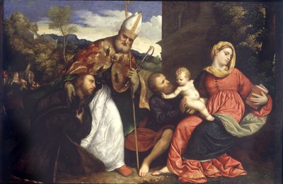 Sagrada Família com Santo Ambrósio apresentando um doador, c.1525 (óleo sobre painel) de Paris Bordone