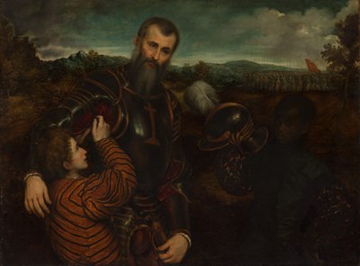 Retrato de um homem de armadura com duas páginas. de Paris Bordone