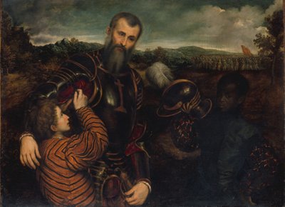 Retrato de um homem de armadura com duas páginas de Paris Bordone