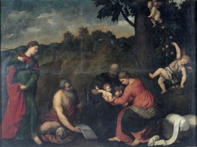 A Sagrada Família com os Santos Jerônimo, Catarina de Alexandria e Anjos (óleo sobre tela) de Paris Bordone