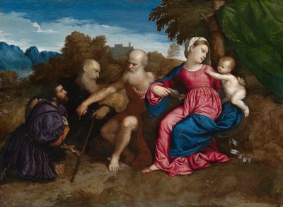 A Virgem Maria e o Menino com os Santos Jerónimo e António Abade e um Doador, c.1522 (óleo sobre painel de choupo) de Paris Bordone