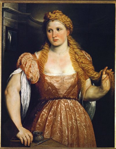 Mulher ao toucador ... (pintura sobre tela) de Paris Bordone