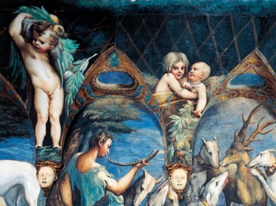 Actéon atacado por cães, detalhe do Mito de Diana e Actaeon, por volta de 1524, por Francesco Mazzola, conhecido como Parmigianino (1503-1540), afresco, Quarto de Diana e Actaeon, Rocca Sanvitale, Fontanellato, perto de Parma, Emilia-Romagna, Itália de Parmigianino (1503 40)