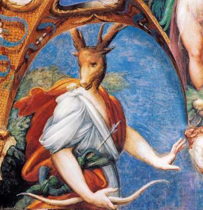 A transformação de Actaeon em veado, de Mito de Diana e Actaeon, cerca de 1524, de Francesco Mazzola conhecido como Parmigianino (1503-1540), fresco, Quarto de Diana e Actaeon, Rocca Sanvitale, Fontanellato, perto de Parma, Emilia -Romagna, Itália de Parmigianino