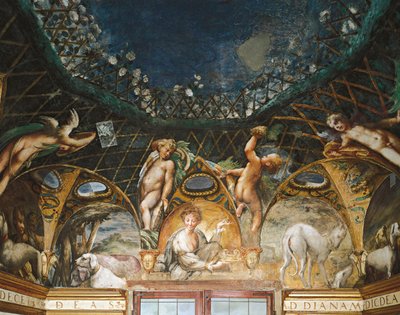 Ceres participa de eventos rodeada de cães de caça e querubins, de Mito de Diana e Actaeon de Parmigianino