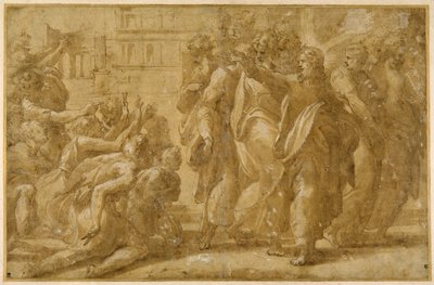 Cristo com os seus discípulos a curar os leprosos (caneta, tinta, lavagem e cor de corpo sobre papel) de Parmigianino (1503 40)