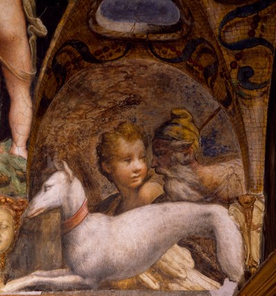 Cão e caçador, de Mito de Diana e Actaeon de Parmigianino