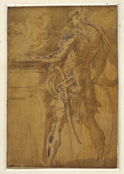 Mucius Scaevola enfiando a mão nas chamas (ponto de metal sobre fundo amarelado, tocado com a cor branca do corpo no papel) de Parmigianino (1503 40)