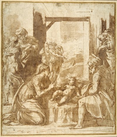 A Natividade (caneta e tinta marrom com lavagem marrom em papel branco) de Parmigianino