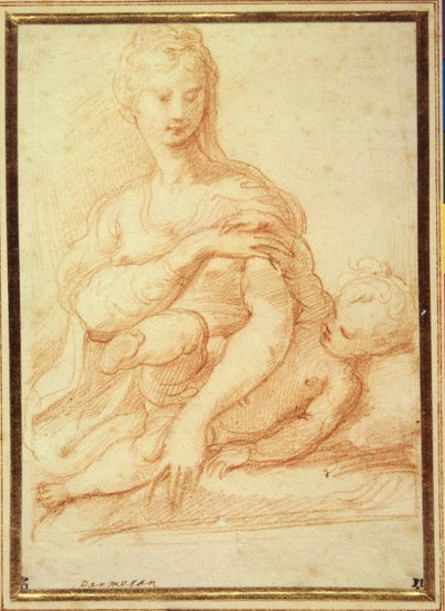 A Virgem a brincar com a Criança no colo (giz vermelho sobre papel branco) de Parmigianino