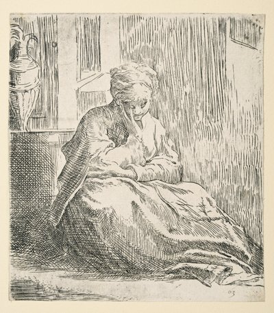 Mulher sentada no chão, conhecida como Saint Thais (Etching) de Parmigianino