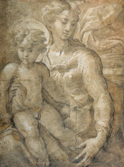 Virgem com o Menino no colo (giz preto com lavagem castanha e cor de corpo branca no papel) de Parmigianino 