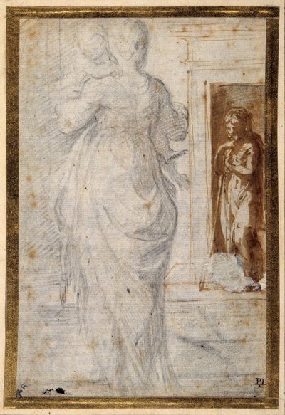 Vista traseira de uma mulher carregando uma criança; um homem encostado no seu bastão espera em uma porta (giz preto com caneta e tinta marrom e bown wash em papel branco) de Parmigianino