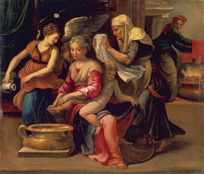 Banho de bebê (óleo no painel) de Parmigianino