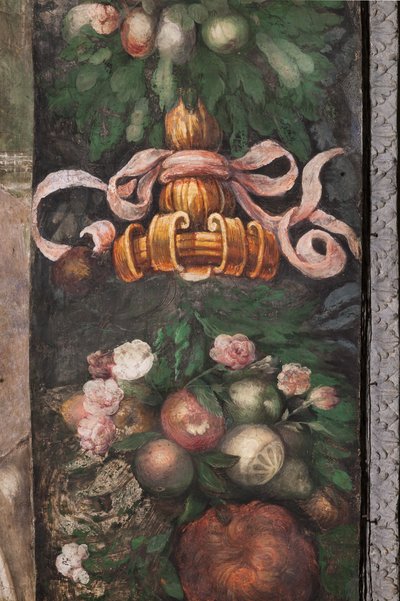 Pormenor da decoração com flores e frutos, c.1523 (fresco) de Parmigianino