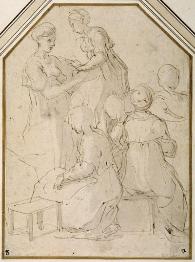 Grupo doméstico, duas mulheres em pé e quatro sentadas (caneta e tinta castanha com uma lavagem castanha pálida em papel branco) de Parmigianino