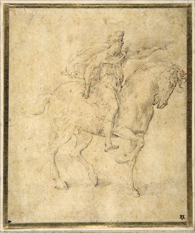 Figura equestre (caneta e tinta castanha com lavagem castanha em papel branco) de Parmigianino