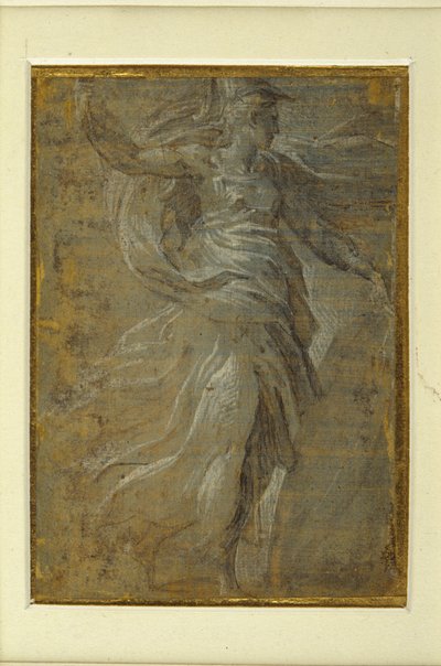 Minerva com um escudo na mão esquerda, uma lança na direita (ponta de metal em terra amarelada preparada) de Parmigianino