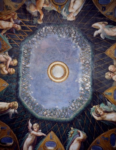 Putti e Glimpse of sky, cerca de 1524, de Francesco Mazzola, conhecido como Parmigianino (1503-1540), fresco, abóbada de Room of Diana e Actaeon, Rocca Sanvitale, Fontanellato, perto de Parma, Emilia-Romagna, Detalhe, Itália de Parmigianino