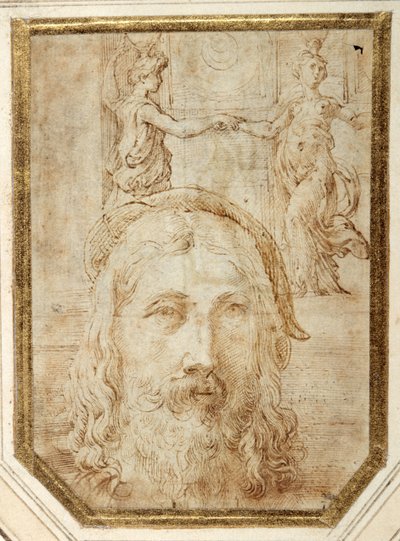 Auto-retrato, imposto em estudos preliminares para dois canephori da Steccata (caneta e tinta marrom sobre papel branco) de Parmigianino