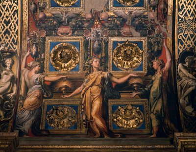 Três virgens sábias, detalhe de Três virgens sábias e três virgens tolas, de Francesco Mazzola conhecido como Il Parmigianino, afresco, abaixo do arco do presbitério, Santuário de Santa Maria della Steccata, Parma, Emilia-Romagna. Itália de Parmigianino