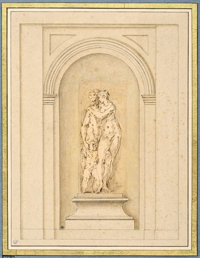 Duas figuras e um cupido rodeado por uma moldura arquitectónica posterior de Parmigianino