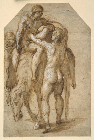 Dois homens nus que levantam um homem doente de um cavalo cansado (caneta e tinta castanha com lavagem castanha elevada com a cor branca do corpo em papel) de Parmigianino