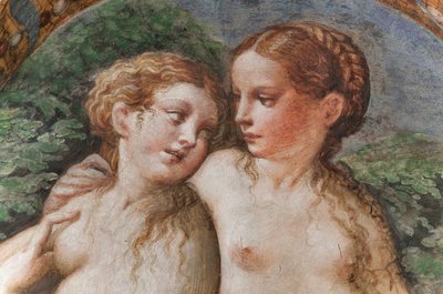Duas ninfas presentes no banho de Diana, do Quarto de Diana e Actéon, detalhe de 2384753 de Parmigianino