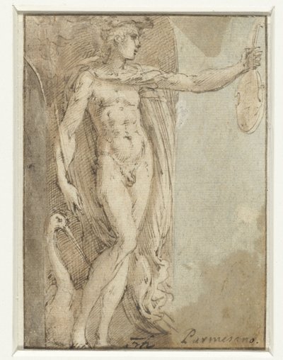 Mercúrio em pé num nicho com um violino e um ibis de Parmigianino