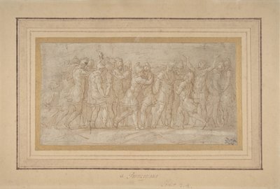 Guerreiros romanos ou gregos celebrando depois de uma vitória., 1503-40. de Parmigianino