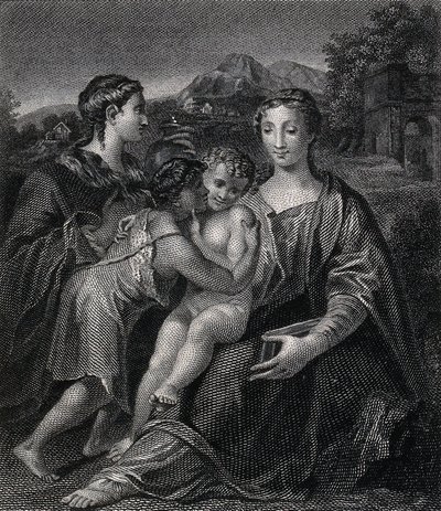 Santa Maria (a Bem-Aventurada Virgem) com o Menino Jesus, São João Batista e Santa Maria Madalena. Gravura segundo G.F.M. Mazzola, il Parmigianino. de Parmigianino