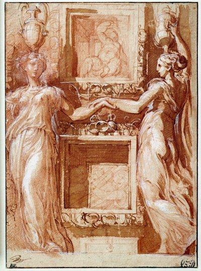 Dois canéforos dando a mão, em ambos os lados das caixas Desenho em tinta, aguado, sangue e abas brancas por Girolamo Francesco Maria Mazzola dit Parmigianino ou Le Parmesan de Parmigianino