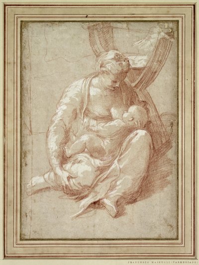 Virgem sentada no chão, amamentando a criança de Parmigianino