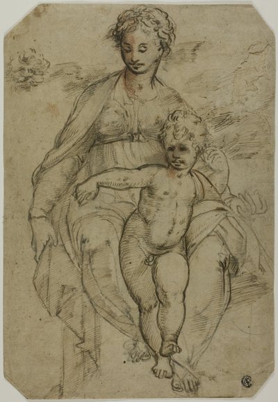 Virgem e Menino (reto); Esboço de Três Santos e Esboço de Caricatura (verso) de Parmigianino