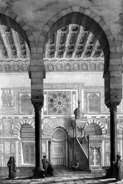 Vista do nicho do Santuário e do Púlpito na Mesquita de Moyed, placa 28 de "Monumentos e Edifícios do Cairo", gravada por Auguste Hibon (1780-1857) 1829 (litho) de Pascal Xavier (after) Coste
