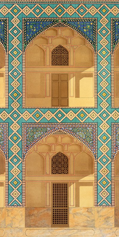 Detalhe das arcadas pátio na Medrese-i-Shah-Hussein, Isfahan, placa 26-27 de monumentos modernos da Pérsia, gravada por A. Levie, 1856 litho de Pascal Xavier Coste