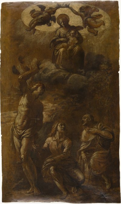 Virgem e Menino na Glória com os Santos Sebastião, João Evangelista e Roch, c.1610 (óleo com grafite (envernizado) sobre papel creme) de Pasquale Ottino