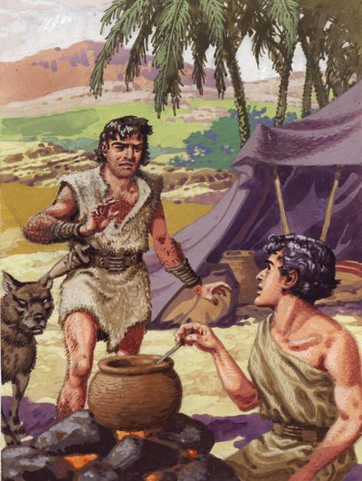Esaú pede comida ao seu irmão Jacob (guache sobre papel) de Pat (1907 95) Nicolle