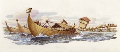 Olaf von Norwegen reißt die Stützen der Londoner Brücke nieder von Pat (1907-95) Nicolle