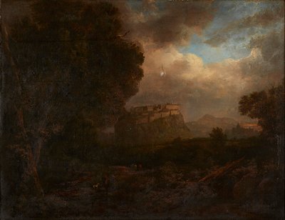 Vista distante de Edimburgo, com viajantes em primeiro plano (óleo sobre tela) de Patrick (attr.to) Nasmyth