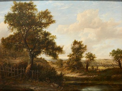 Figuras em um caminho arborizado (óleo no painel) de Patrick Nasmyth