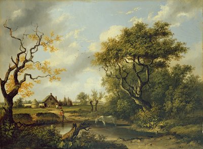 Bebidas a cavalo num lago (óleo no painel) de Patrick Nasmyth