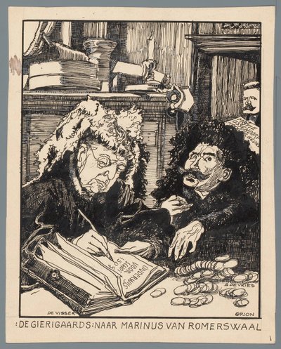 Os Ministros De Visser e Simon de Vries como cobradores de impostos
De Gierigaards: depois de Marinus van Romerwaal (título sobre o objecto) de Patricq Kroon (signed by artist)