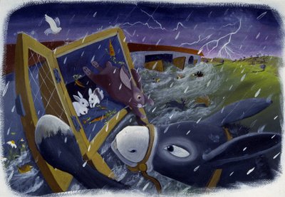Animais e a Arca de Noé durante o Dilúvio, ilustração de Patrizia La Porta. de Patrizia La Porta