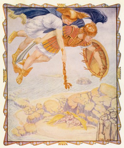 Perseu vê as górgonas (litografia a cores) de Patten (after) Wilson