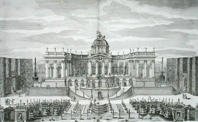 A Grande Gruta e o Jardim da Fonte no Princely Pleasure Palace and Gardens, Berlim, gravada por Johann August Corvinus (1683-1738), publicada c.1711-16 (gravura) de Paul Decker