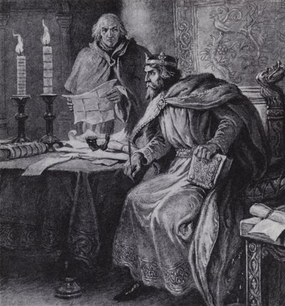Alfredo o Grande, Rei de Wessex, e os seus relógios de vela (litho) de Paul (after) Hardy