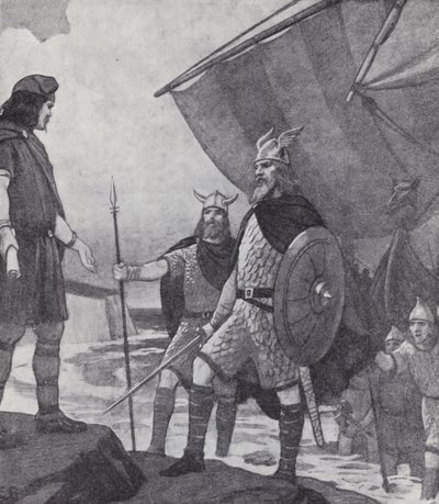 Irmãos Hengist e Horsa chegando a Ebbsfleet, Ilha de Thanet, Kent, durante a invasão dos Anglos, Saxões e Jutes no século V (litho) de Paul (after) Hardy